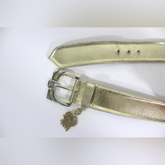 Eighties Gold Lamé Leather Belt with Gold Chain Tassel and Rhinestone Buckle - Picture 8 of 8